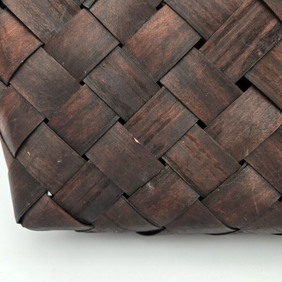 Dark Brown Wood Basket Weave Handbag Womens Medium Handles Coastal Cottagecore - Picture 2 of 14